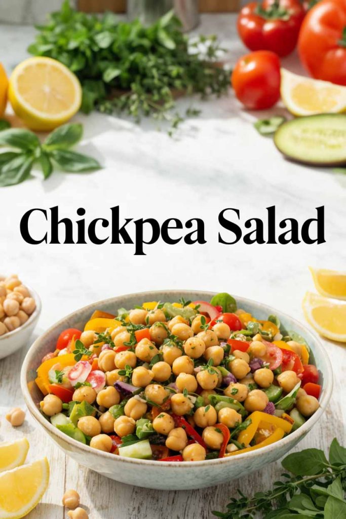 “Colorful chickpea salad with tomatoes, cucumbers, and parsley”