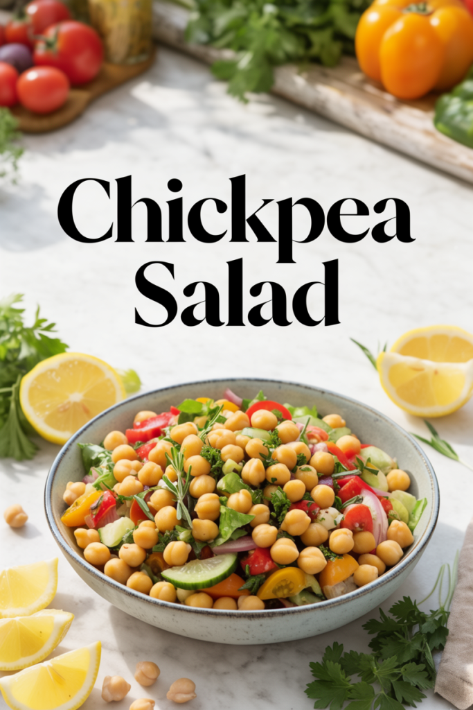 “Colorful chickpea salad with tomatoes, cucumbers, and parsley”
