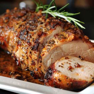 Golden roasted pork loin sliced and served on a platter with fresh herbs and roasted vegetables.