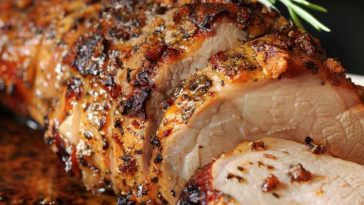 Golden roasted pork loin sliced and served on a platter with fresh herbs and roasted vegetables.