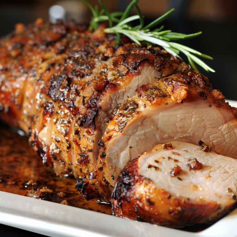 Golden roasted pork loin sliced and served on a platter with fresh herbs and roasted vegetables.