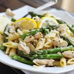 A bowl of lemon asparagus and chicken pasta with grilled chicken slices, tender asparagus spears, and a creamy lemon sauce garnished with fresh parsley and lemon zest.