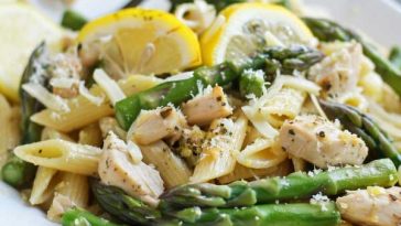 A bowl of lemon asparagus and chicken pasta with grilled chicken slices, tender asparagus spears, and a creamy lemon sauce garnished with fresh parsley and lemon zest.