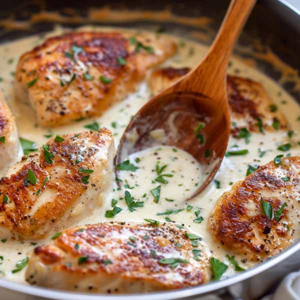 Creamy garlic chicken breasts in a skillet with rich sauce and fresh herbs.