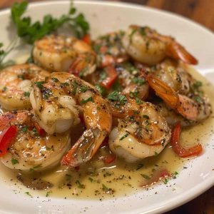 Tuscan butter shrimp served in a creamy garlic sauce with sun-dried tomatoes, spinach, and herbs over a rustic plate.