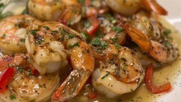 Tuscan butter shrimp served in a creamy garlic sauce with sun-dried tomatoes, spinach, and herbs over a rustic plate.
