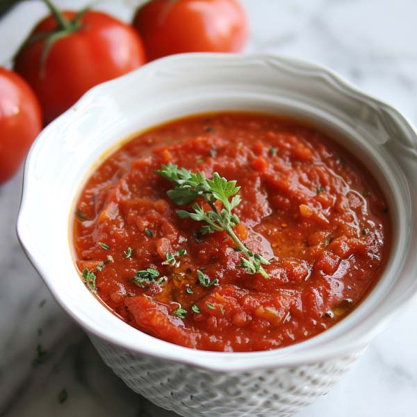 Homemade tomato sauce in a saucepan with fresh basil and garlic cloves on the side.