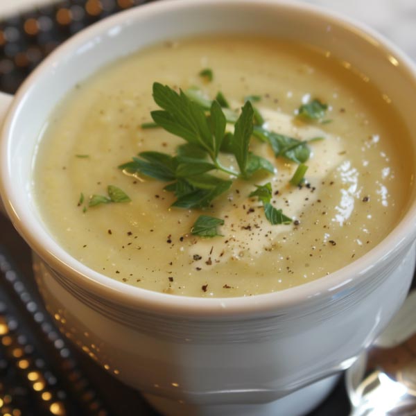 A bowl of cream of artichoke soup garnished with fresh herbs and a drizzle of olive oil, served with crusty bread.