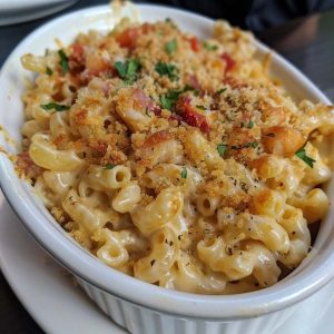 A bubbling dish of crab mac and cheese with golden breadcrumbs, creamy sauce, and chunks of crab meat, garnished with herbs.