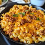 Baked chili dog mac and cheese topped with melted cheddar, sliced hot dogs, and fresh herbs in a skillet.