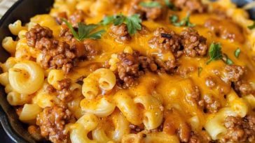 Baked chili dog mac and cheese topped with melted cheddar, sliced hot dogs, and fresh herbs in a skillet.