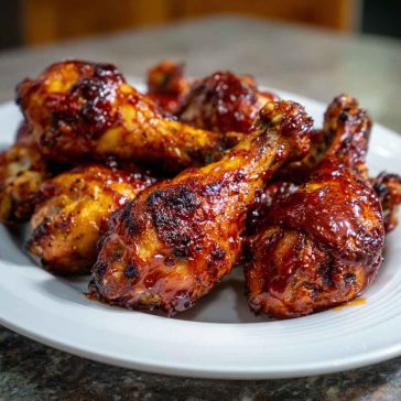 Juicy oven BBQ chicken drumsticks glazed with sticky barbecue sauce, served on a baking tray with fresh herbs and dipping sauce.