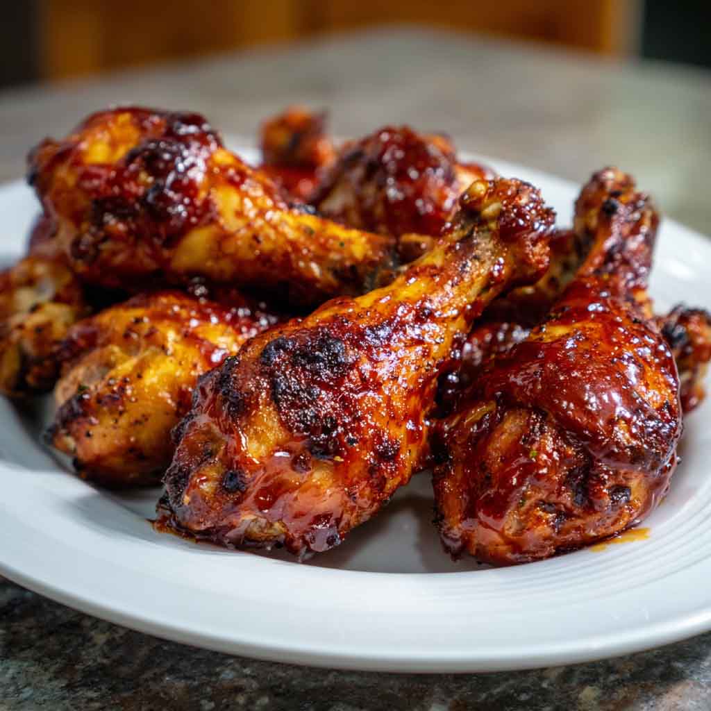 Juicy oven BBQ chicken drumsticks glazed with sticky barbecue sauce, served on a baking tray with fresh herbs and dipping sauce.