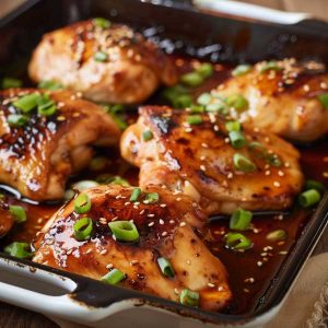 Golden baked teriyaki chicken thighs glazed with a sticky soy-ginger sauce, garnished with sesame seeds and scallions.