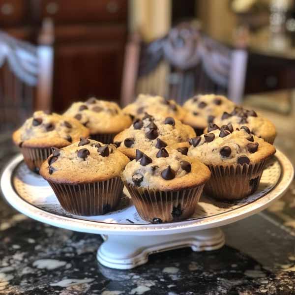 Freshly baked banana chocolate chip muffins on a cooling rack with chocolate chips scattered around.