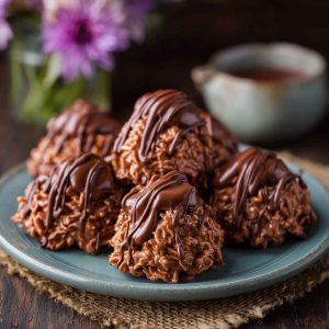 The Best Chocolate Haystacks made with melted chocolate, crunchy chow mein noodles, and shredded coconut, stacked into bite-sized clusters and served on a dessert tray.
