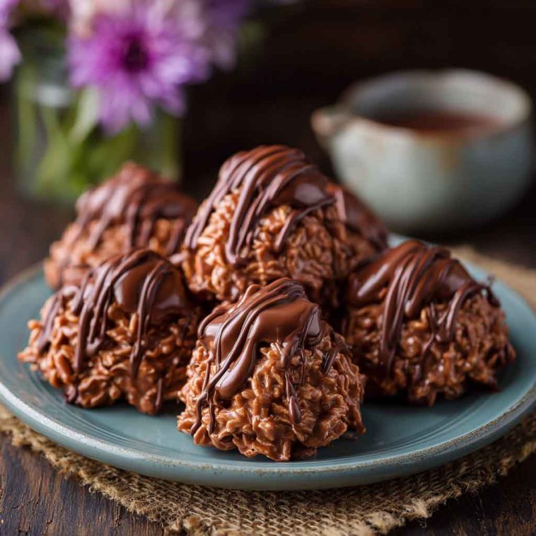 The Best Chocolate Haystacks made with melted chocolate, crunchy chow mein noodles, and shredded coconut, stacked into bite-sized clusters and served on a dessert tray.