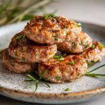 Homemade turkey sausage patties cooked to golden perfection, served on a plate with herbs and a side of eggs for breakfast.