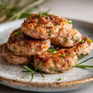 Homemade turkey sausage patties cooked to golden perfection, served on a plate with herbs and a side of eggs for breakfast.