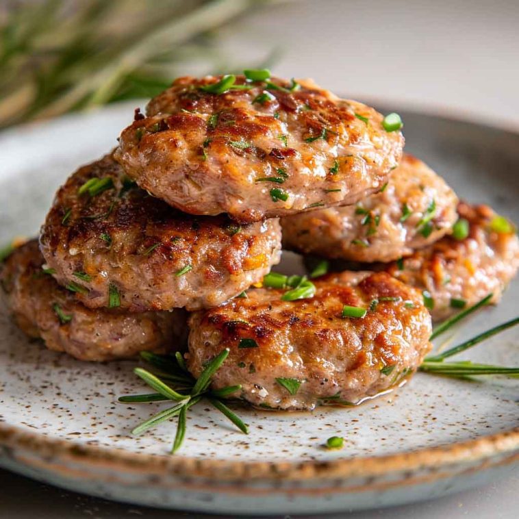 Homemade turkey sausage patties cooked to golden perfection, served on a plate with herbs and a side of eggs for breakfast.