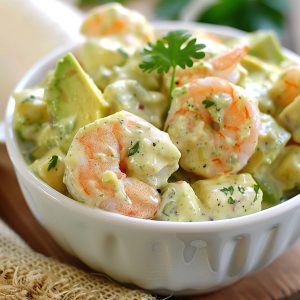 Fresh avocado shrimp salad with juicy shrimp, creamy avocado, crisp vegetables, and a light citrus dressing.