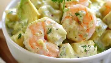 Fresh avocado shrimp salad with juicy shrimp, creamy avocado, crisp vegetables, and a light citrus dressing.