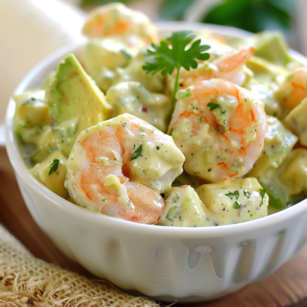 Fresh avocado shrimp salad with juicy shrimp, creamy avocado, crisp vegetables, and a light citrus dressing.