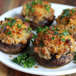 Baked mushrooms stuffed with savory sausage, breadcrumbs, and melted cheese, arranged on a platter with fresh parsley garnish.