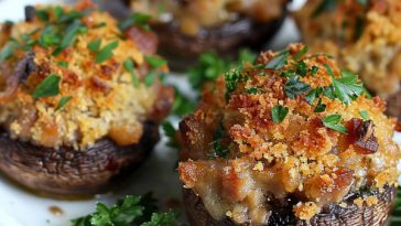 Baked mushrooms stuffed with savory sausage, breadcrumbs, and melted cheese, arranged on a platter with fresh parsley garnish.