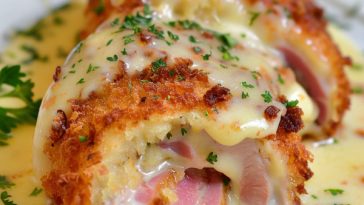 A plate of golden, crispy chicken cordon bleu sliced open to reveal melted Swiss cheese and ham, served with creamy sauce and fresh parsley garnish.