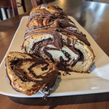 Homemade chocolate babka with twisted layers of soft bread and rich chocolate filling, sliced to show swirls.