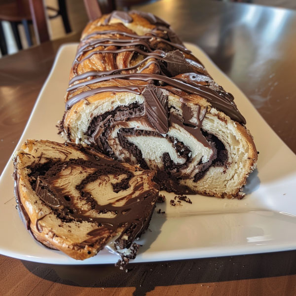 Homemade chocolate babka with twisted layers of soft bread and rich chocolate filling, sliced to show swirls.