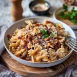Creamy caramelised French onion pasta topped with golden onions, parmesan cheese, and fresh herbs in a serving bowl.