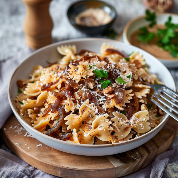 Creamy caramelised French onion pasta topped with golden onions, parmesan cheese, and fresh herbs in a serving bowl.