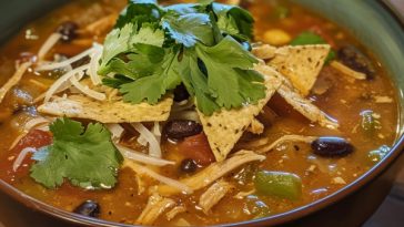 Bowl of hearty chicken tortilla soup topped with crispy tortilla strips, avocado, and fresh cilantro.