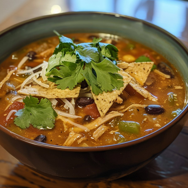 Bowl of hearty chicken tortilla soup topped with crispy tortilla strips, avocado, and fresh cilantro.