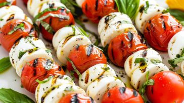 Caprese skewers with cherry tomatoes, fresh mozzarella balls, and basil leaves drizzled with balsamic glaze.