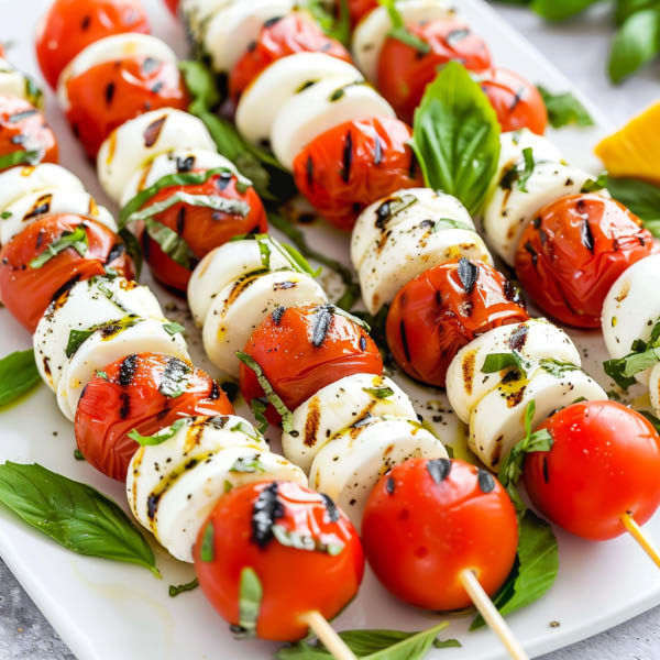 Caprese skewers with cherry tomatoes, fresh mozzarella balls, and basil leaves drizzled with balsamic glaze.