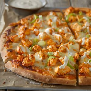Buffalo-style chicken pizza topped with spicy chicken, melted cheese, and a crispy crust.