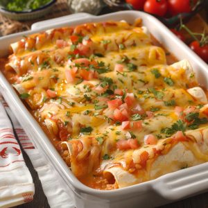 Soft flour tortilla chicken enchiladas baked with melted cheese and rich sauce.