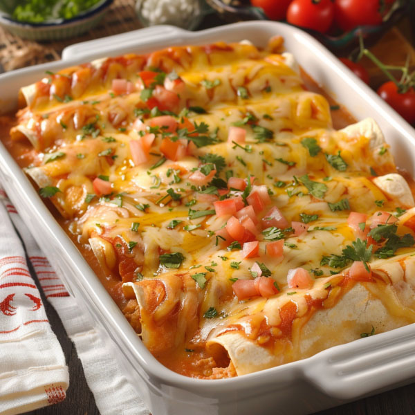 Soft flour tortilla chicken enchiladas baked with melted cheese and rich sauce.