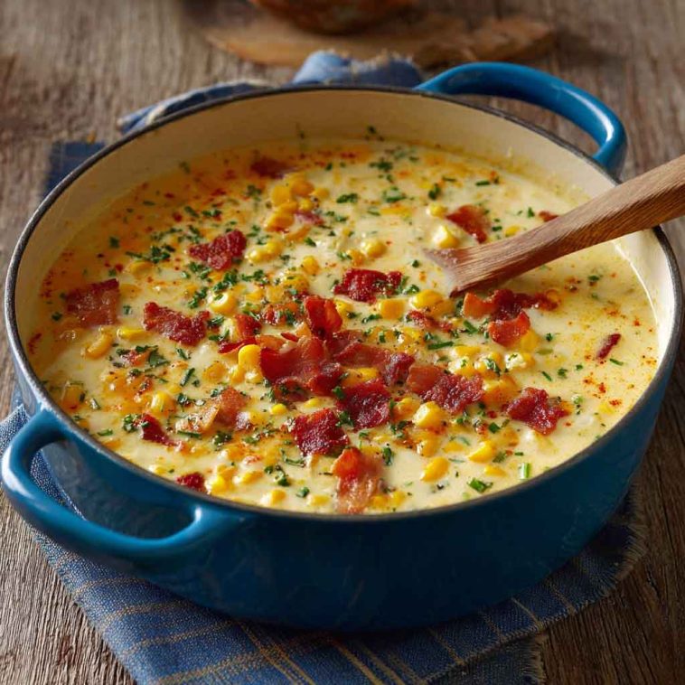A warm bowl of creamy cheddar corn chowder topped with shredded cheese and fresh herbs, served with crusty bread.