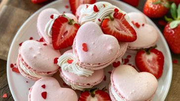 Heart-shaped macarons filled with strawberry buttercream, delicate and colorful.