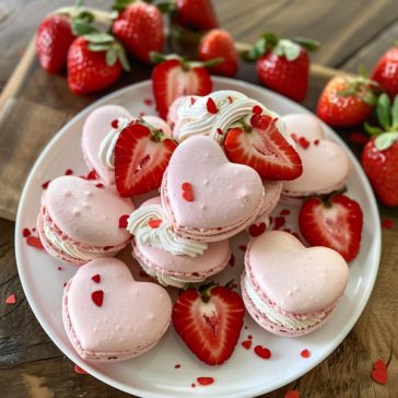 Heart-shaped macarons filled with strawberry buttercream, delicate and colorful.