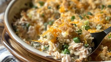 Creamy tuna casserole baked with noodles and a golden crispy topping.