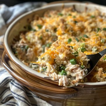 Creamy tuna casserole baked with noodles and a golden crispy topping.