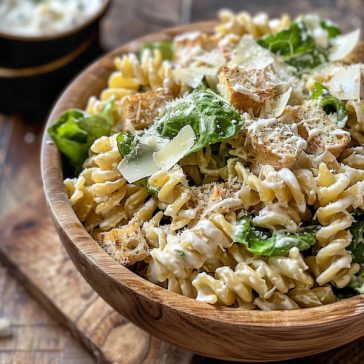 Caesar pasta salad with romaine lettuce, pasta, and Parmesan cheese.