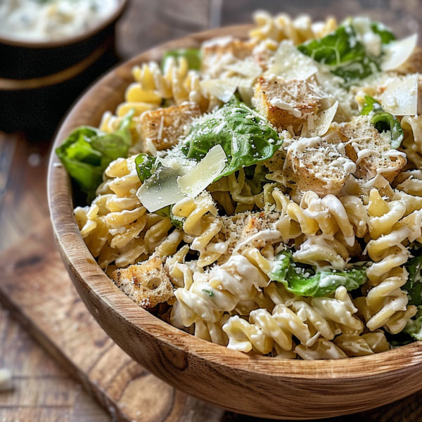 Caesar pasta salad with romaine lettuce, pasta, and Parmesan cheese.