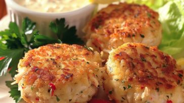 Golden crispy crab cakes served with lemon wedges and dipping sauce, garnished with fresh herbs.