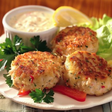 Golden crispy crab cakes served with lemon wedges and dipping sauce, garnished with fresh herbs.